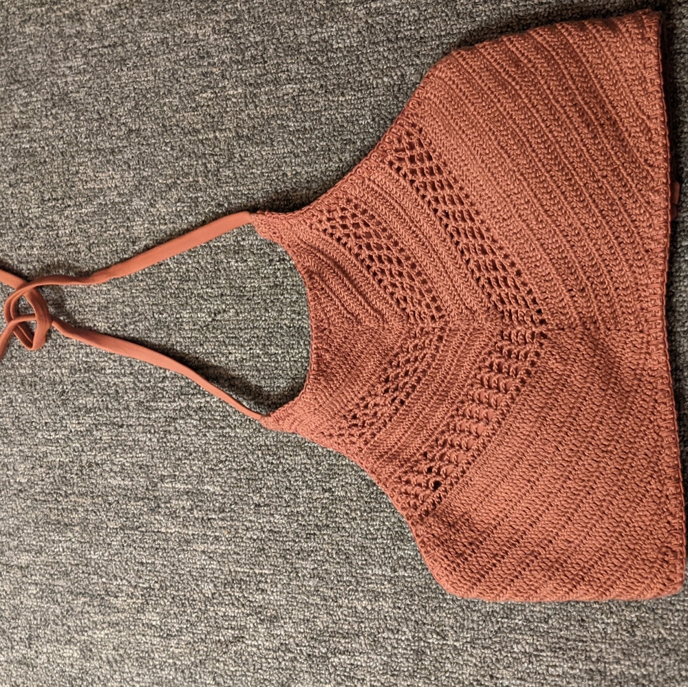 Crochet High Neck Rust Bikini Top